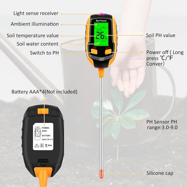 4-in-1 Soil Moisture Meter Digital Plant Temperature/Soil Moisture/PH Meter/Sunlight Intensity/Environment Humidity Backlight LCD display Soil Test Meter for Gardening, Farming and Outdoor Plants
