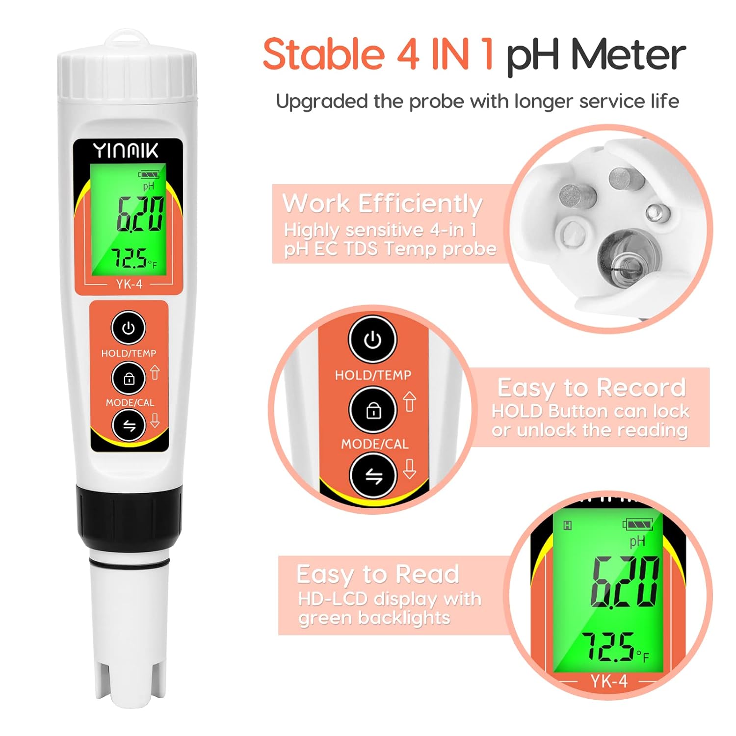 YINMIK pH Meter, Digital 4 in 1 PH EC TDS Temp Meter for Water Hydropo ...