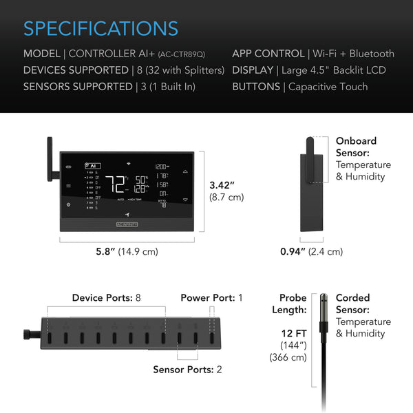 AC Infinity CONTROLLER AI+ Environmental Controller, AI-Powered Learning and Dynamic Level Adjusting for UIS and Third-Party Devices, Dual-Zone VPD, Temperature and Humidity, Bluetooth + WiFi App