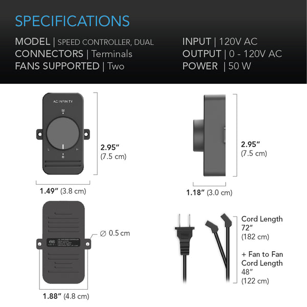 AC Infinity Fan Speed Controller for AC Axial Muffin Fans, Dual